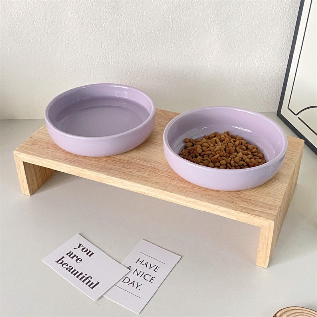 馬卡龍色陶瓷木架雙口貓碗